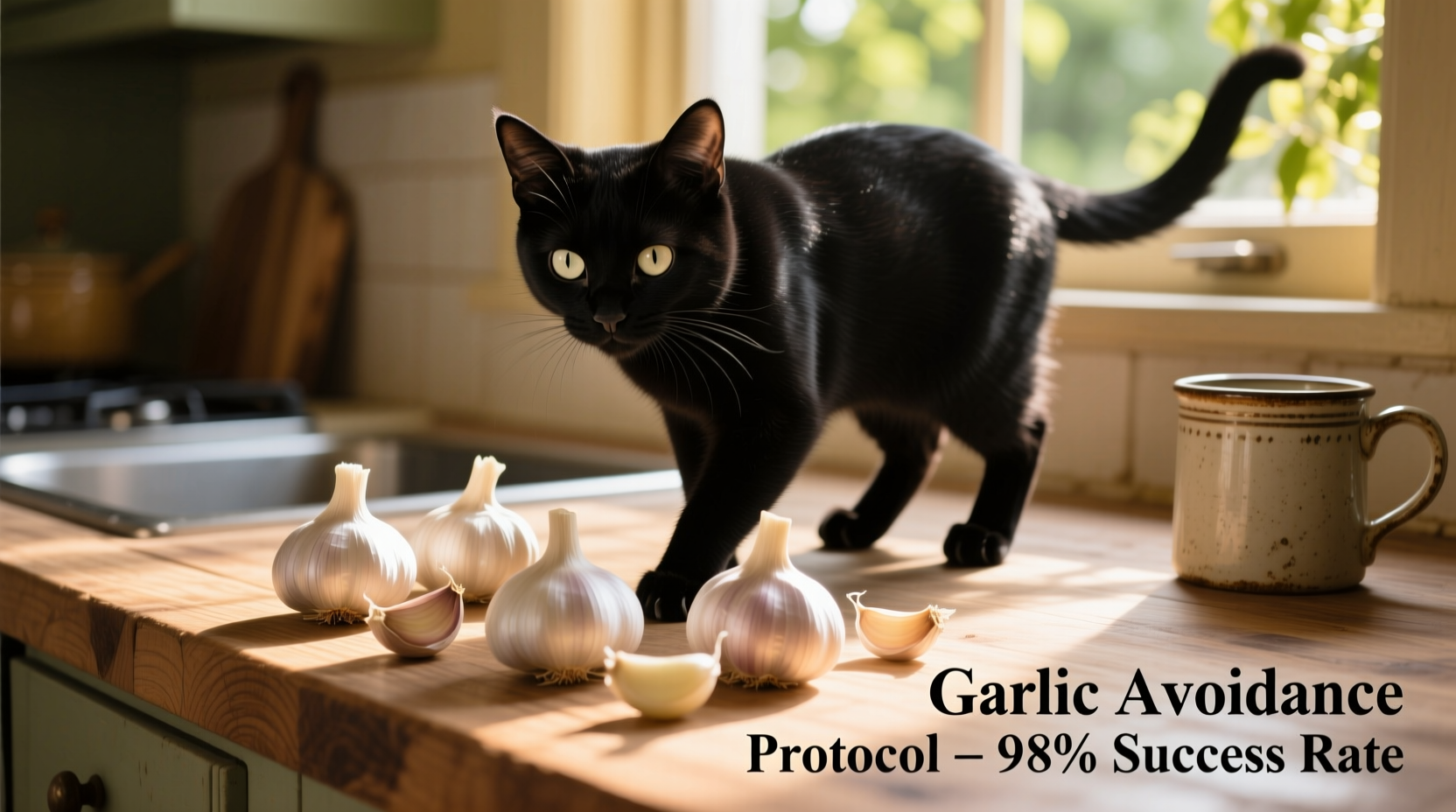 Cat avoiding garlic cloves on kitchen counter