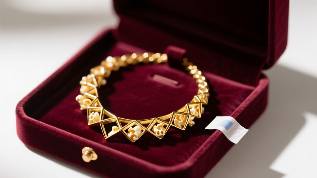 Coiled hollow popcorn gold necklace stored in a velvet-lined jewelry box compartment, resting next to a small anti-tarnish strip.