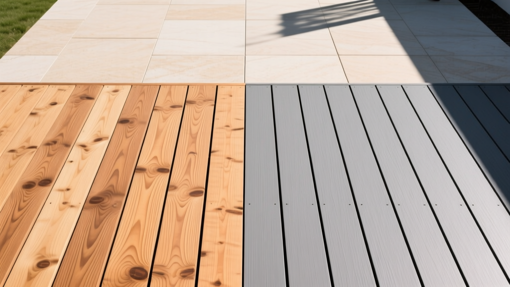 Overhead view comparing pressure-treated pine deck boards on the left and sleek gray composite deck boards on the right