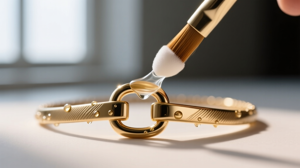 Close-up of a brass necklace clasp being coated with clear polyurethane sealant using a small foam brush to prevent skin tarnish