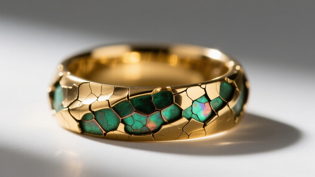 Extreme macro photography of a flaking gold-plated brass ring revealing oxidized green copper base metal underneath micro-fissures