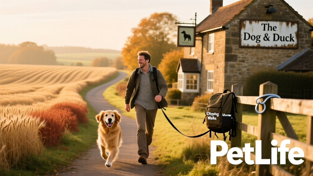 A scenic walking path through golden autumn fields with a dog trotting happily beside its owner