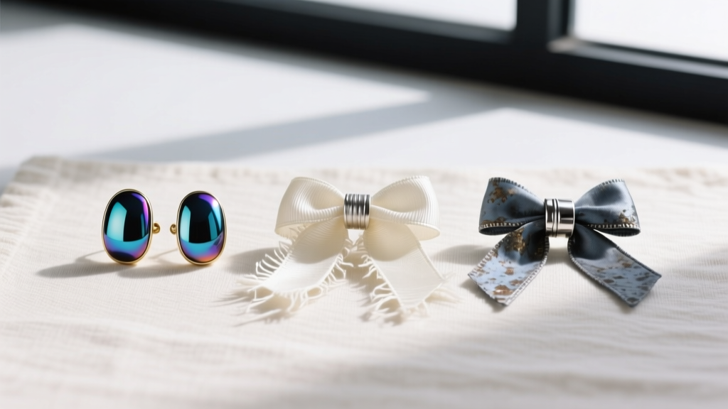 Flat lay comparison of three ribbon earring materials including glossy cold enamel, frayed silk fabric, and oxidized silver
