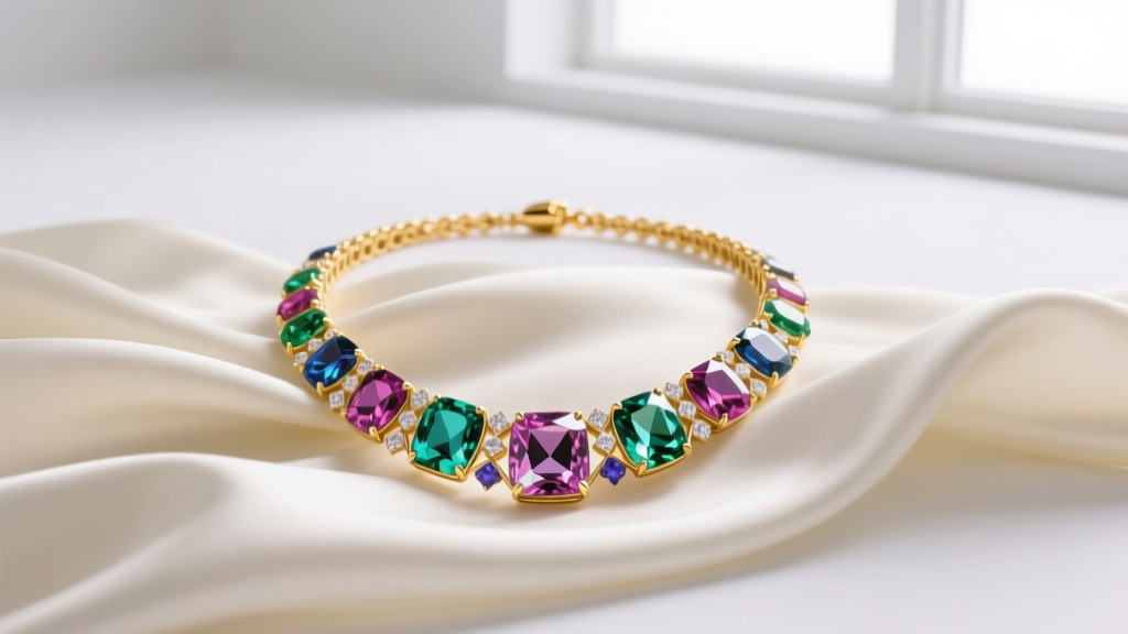 Vibrant colorful gemstone necklace with rose-cut tourmalines and sapphires in 18k yellow gold, resting on draped ivory silk fabric.