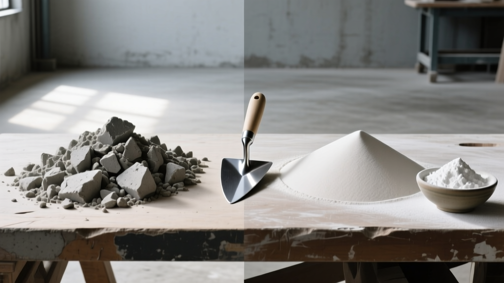 Split view of coarse angular concrete sand and fine smooth mason sand on a workbench beside a steel trowel and Portland cement.