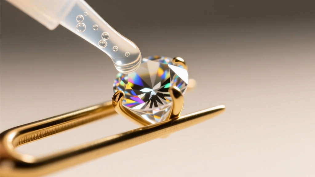 Macro shot of clear UV resin adhesive being applied to a brass prong setting holding a faceted glass rhinestone under bright lighting.