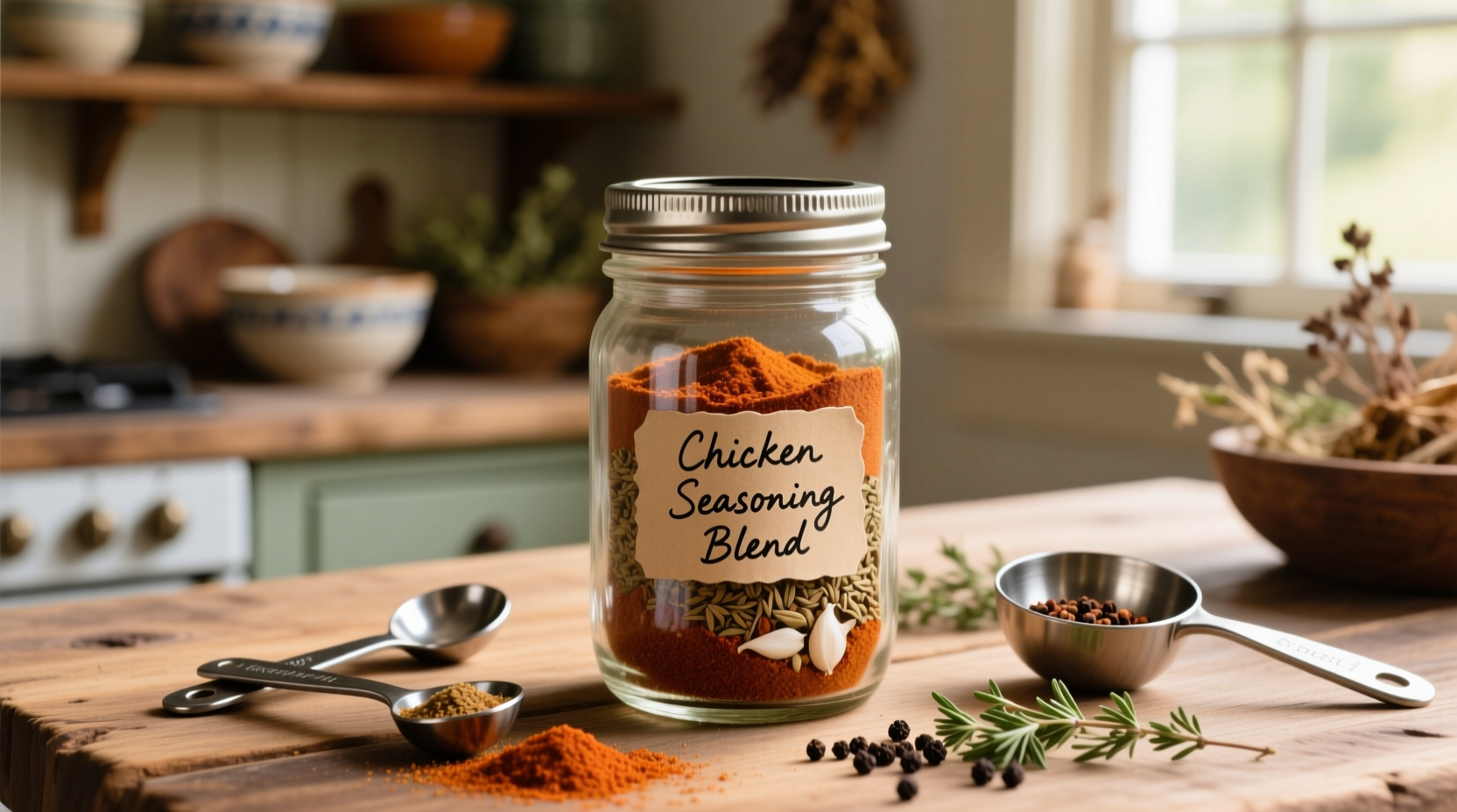 Homemade chicken spice mix in glass jar with measuring spoons