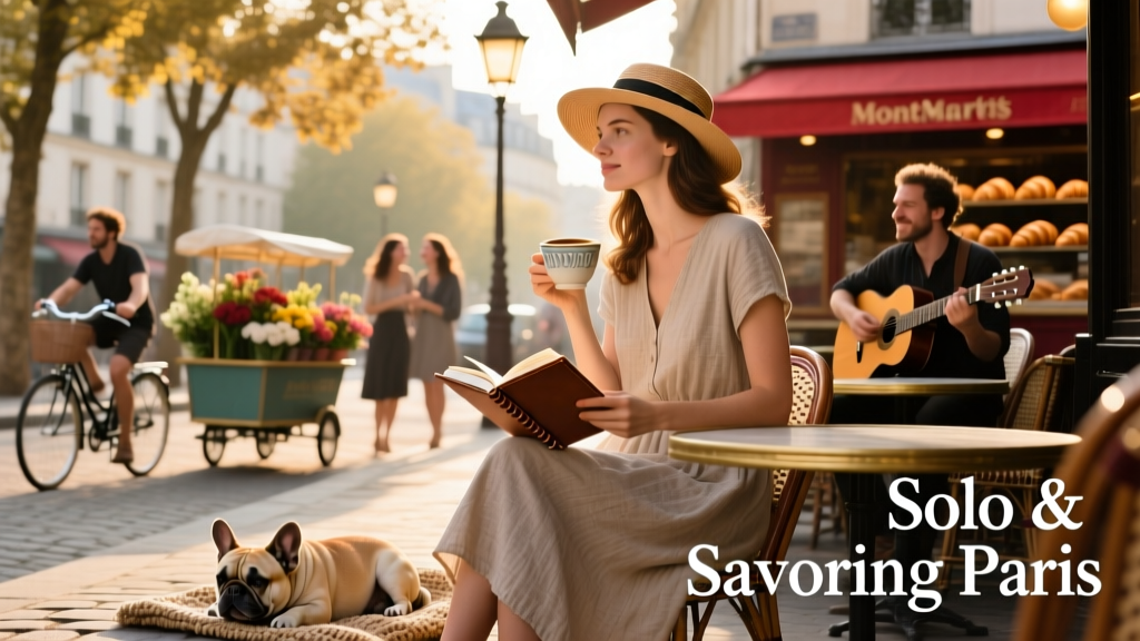 A solo woman relaxing at a sidewalk café in Paris, observing street life with a warm drink and notebook