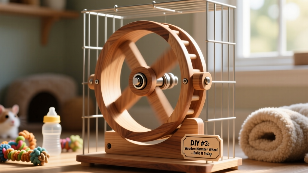 Side view of a wooden DIY hamster wheel mounted in a cage, showing clean lines and smooth bearings