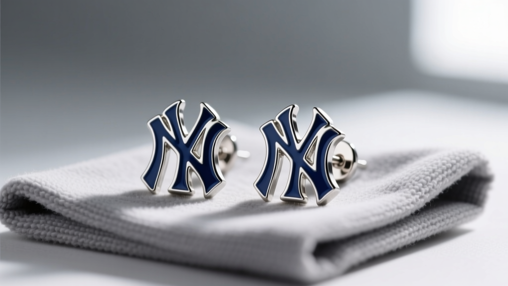Close-up of NY Yankees logo stud earrings with navy blue enamel and silver plating resting on a gray microfiber cleaning cloth.