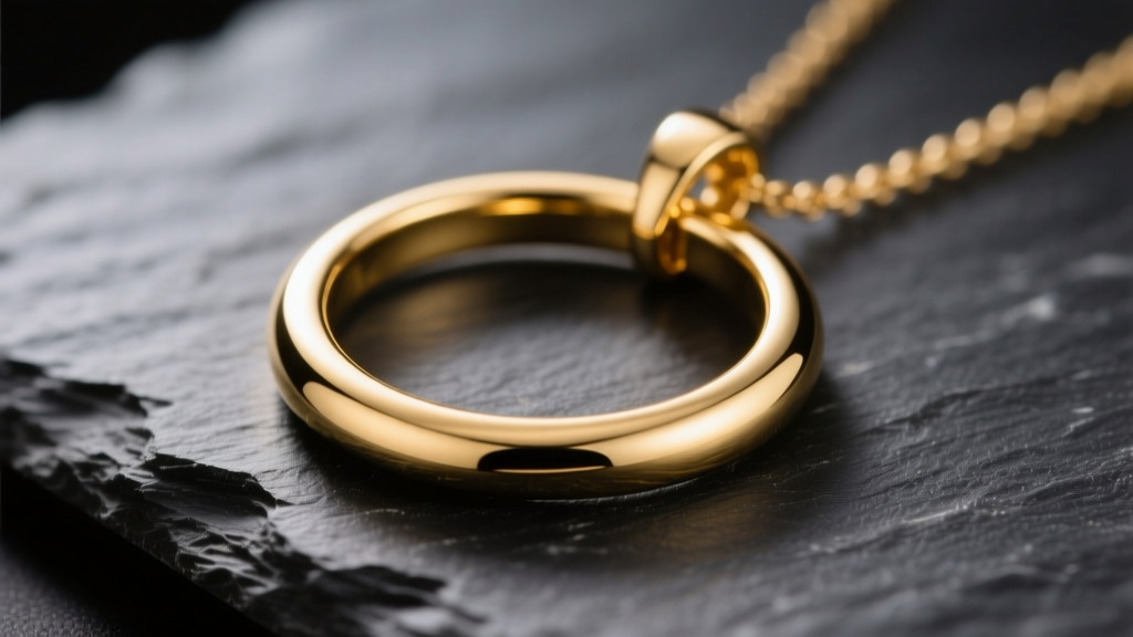 Close-up of a 14k solid gold circle pendant necklace on dark slate, soft studio lighting highlighting the polished metal finish.