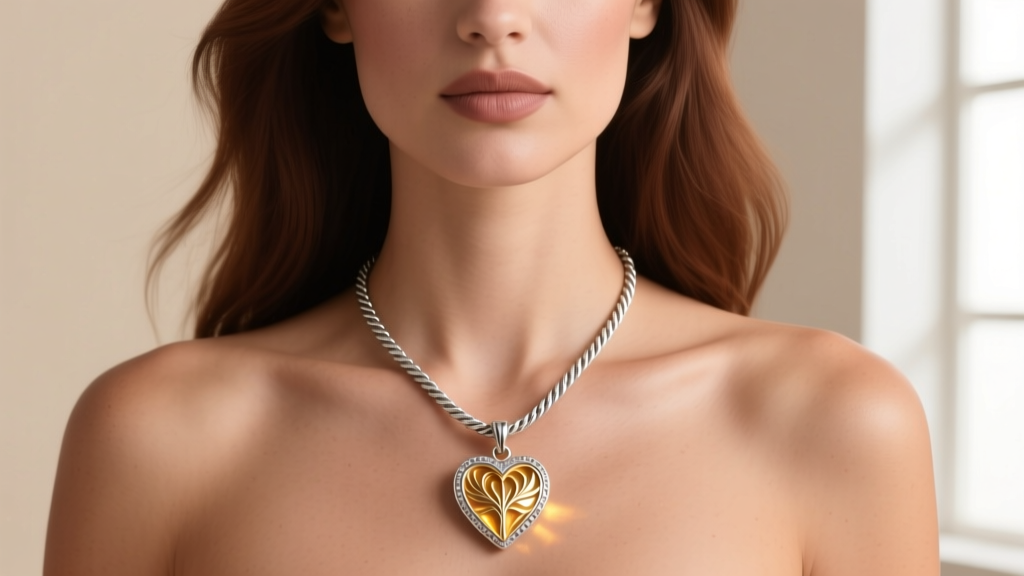 Woman wearing a 20-inch sterling silver rope chain with an opening Heart of Te Fiti pendant resting just below her collarbone.