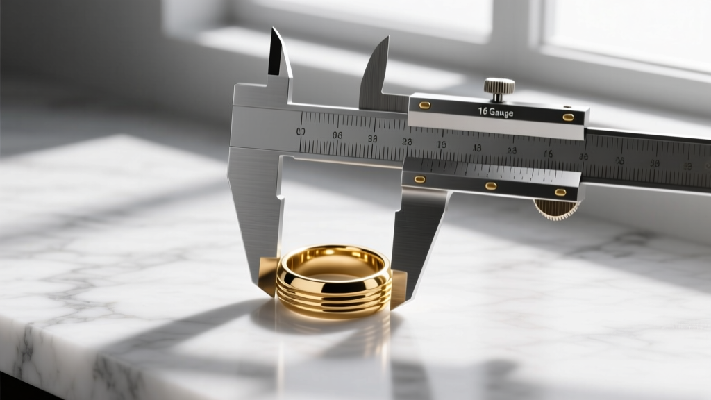 Steel calipers measuring a 16-gauge gold septum ring on white marble under bright, natural window light with sharp focus