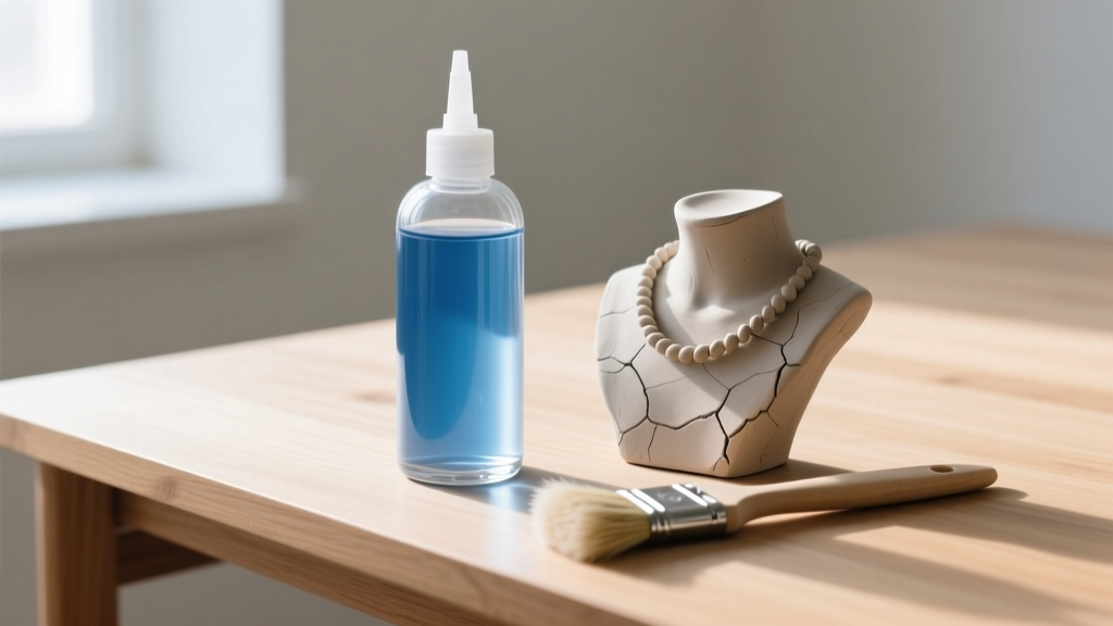 A glass bottle of water-based polyurethane sealant next to an air-dry clay necklace bust, with a foam brush on a wooden desk.