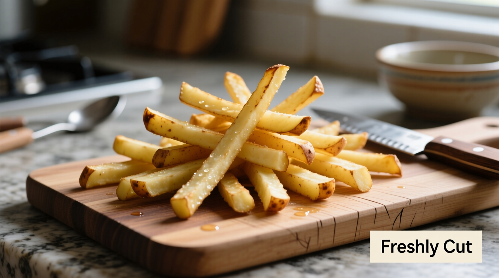 Freshly cut potato straws on cutting board