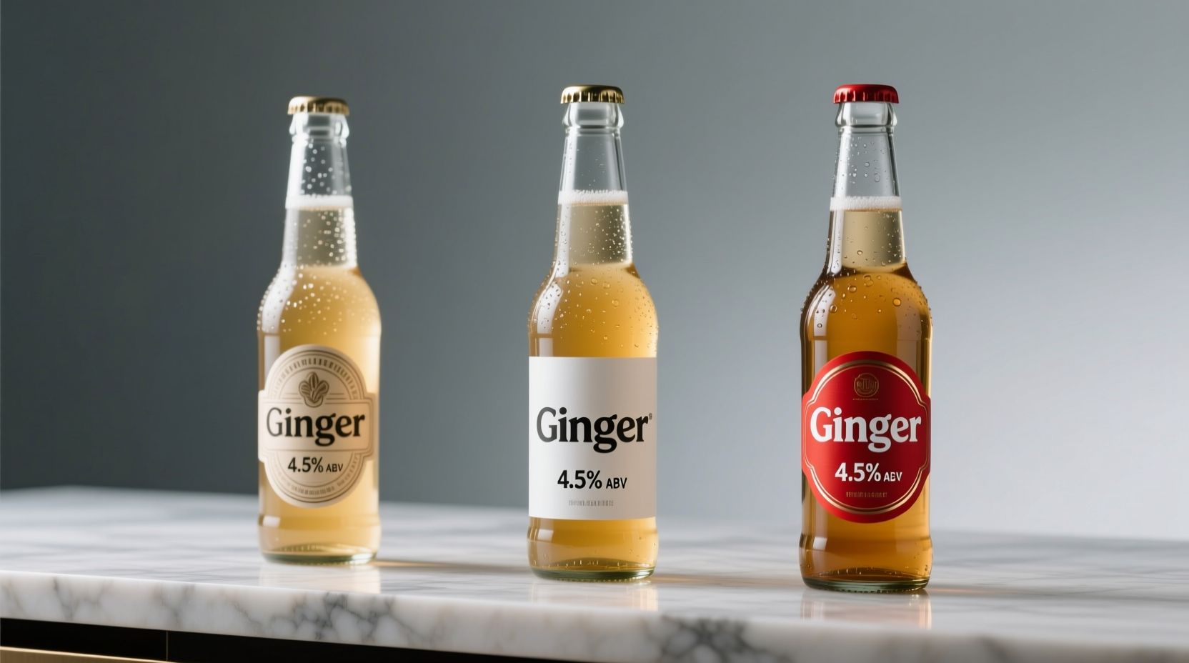 Ginger beer bottles showing alcohol content labels