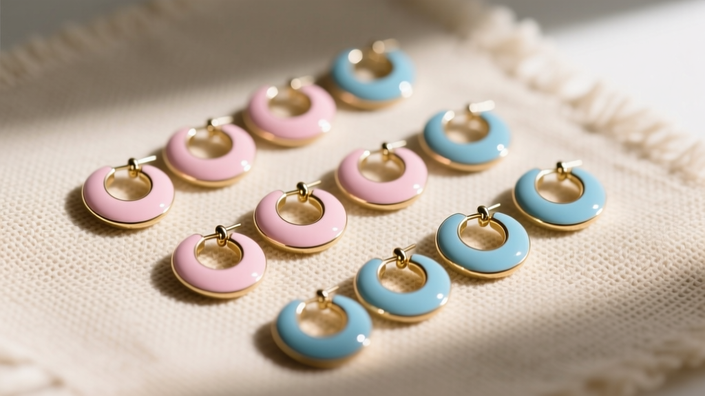 Flat lay of 12mm enamel-coated little girl hoop earrings in pastel pinks and blues, arranged on a textured beige linen fabric.