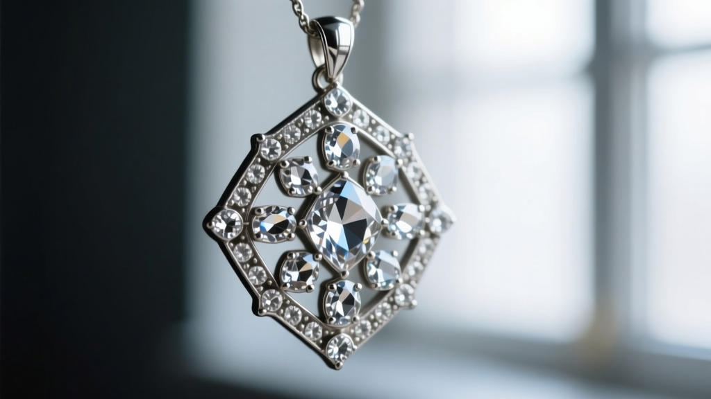 Macro photography of a vintage 1930s Czech glass pendant showing intact silver foil backing and intricate hand-set rhinestones.