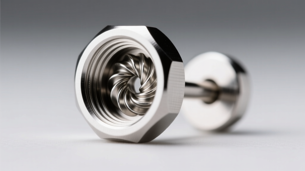 Macro loupe view of an internally threaded titanium earring post, showing the precise screw mechanism and a flawless mirror polish