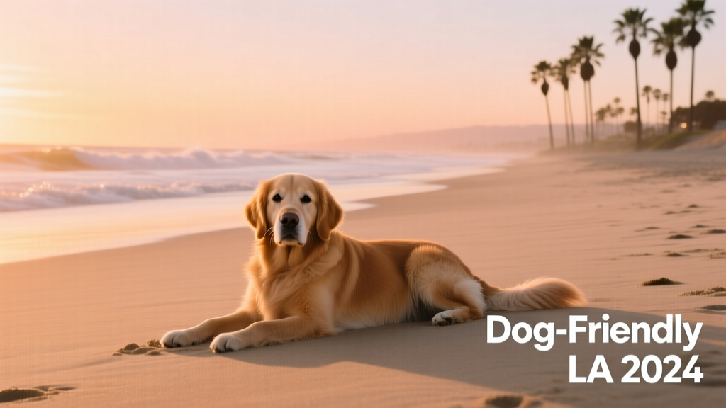 A relaxed golden retriever sitting on a wide, empty stretch of sandy beach at sunset, with gentle waves rolling in and palm trees silhouetted in the distance