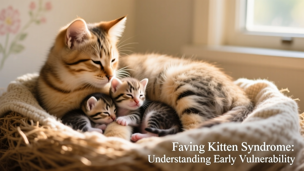 Newborn kitten nestled with mother and siblings, highlighting early bonding and vulnerability