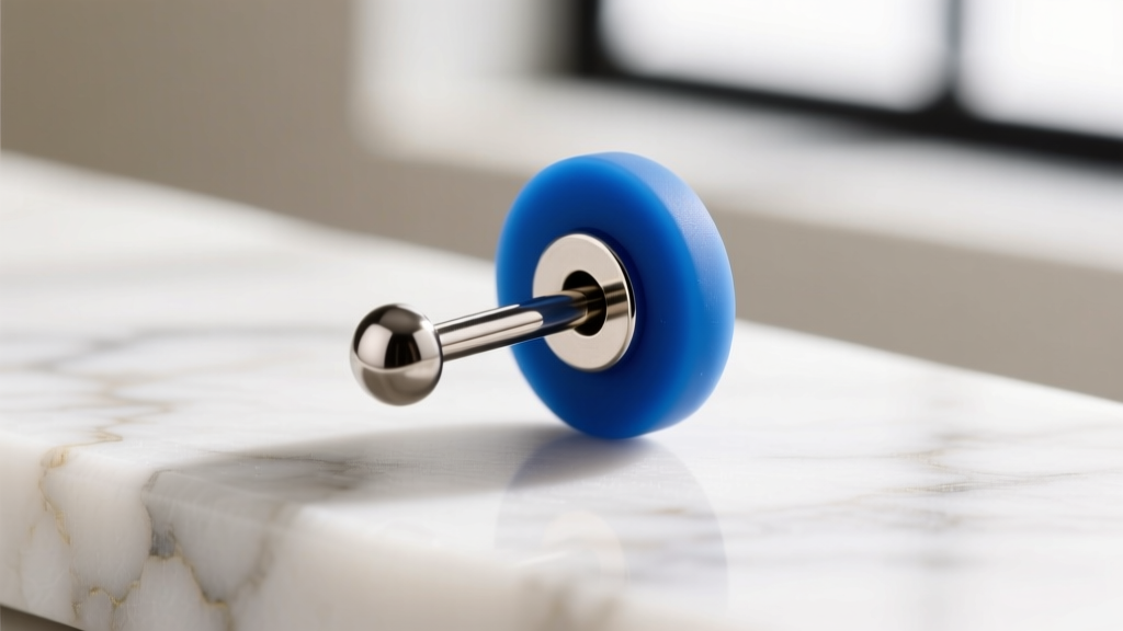 Macro shot of an 18-gauge titanium earring post secured with a jumbo silicone earring back resting on white marble