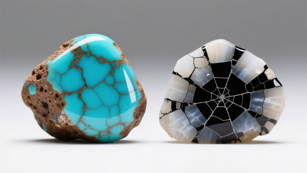 Macro shot of genuine turquoise with natural brown matrix beside dyed howlite with stark black webbing under bright studio lighting