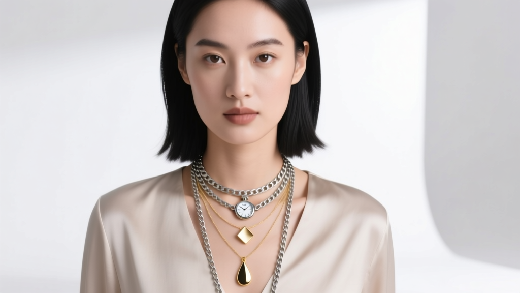 Model wearing a layered necklace stack with a long Sheffield silver Albert watch chain paired with delicate modern gold pendants.