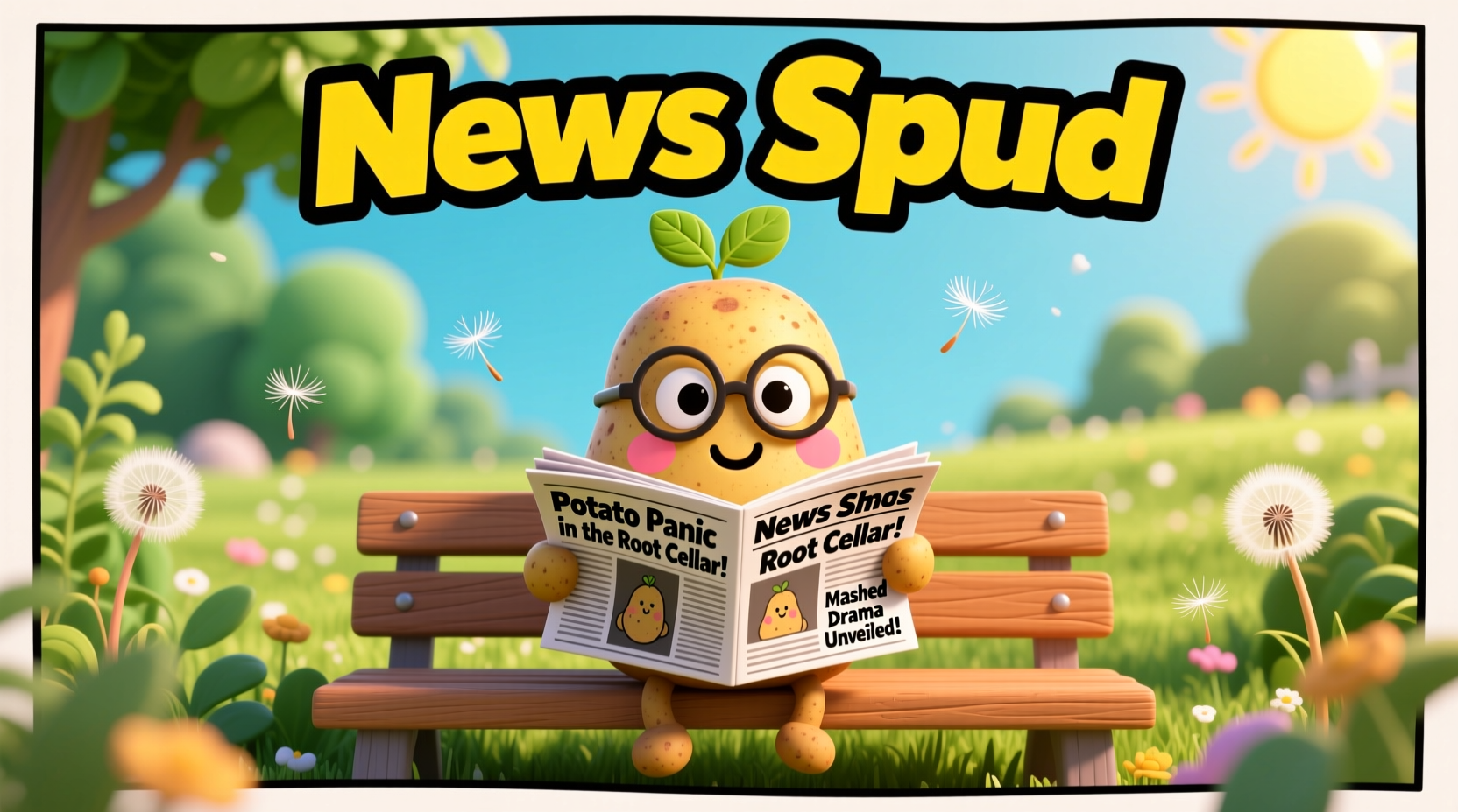 Cartoon potato reading newspaper with 'news spud' headline