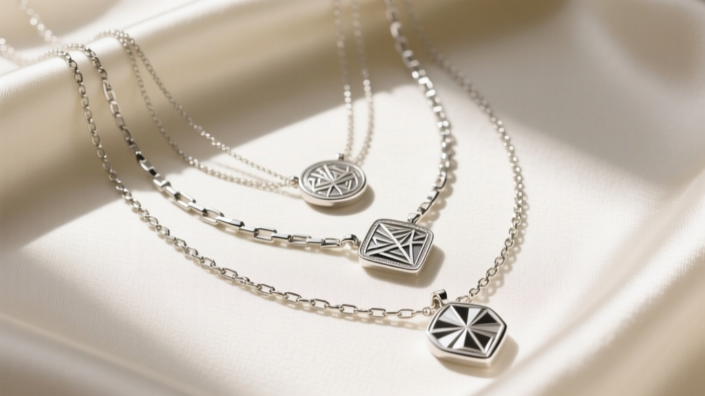 Flat lay of layered Bryan Anthony sterling silver necklaces on cream silk, featuring engraved pendants and delicate box chains.