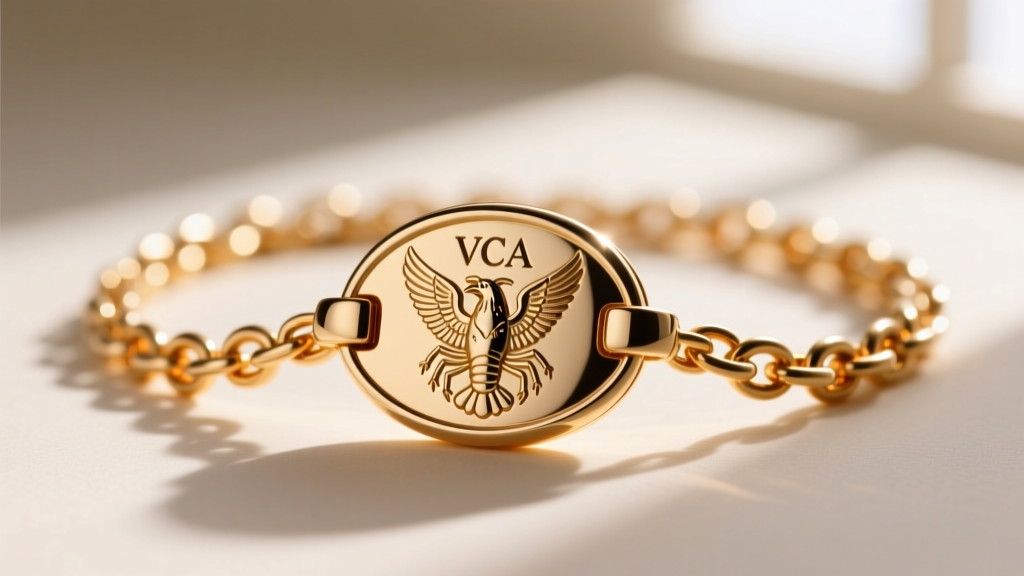 Macro view of a VCA lobster clasp and French eagle hallmark on an oval chain, illuminated by a bright jeweler's loupe light.