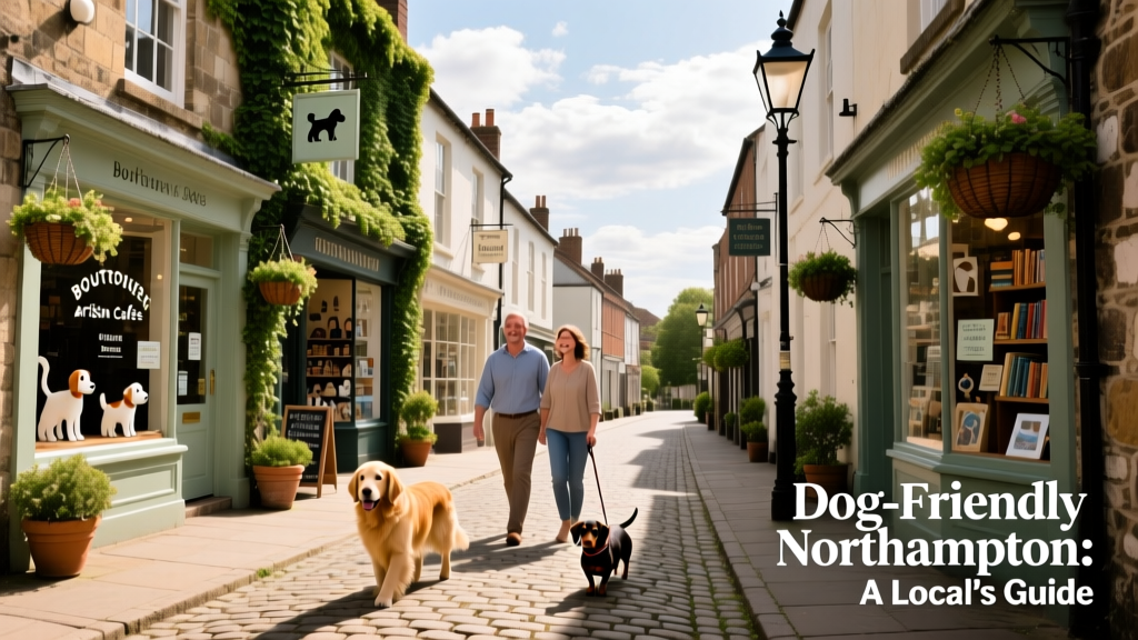 A scenic view down a historic cobblestone street in Northampton, lined with charming storefronts and greenery