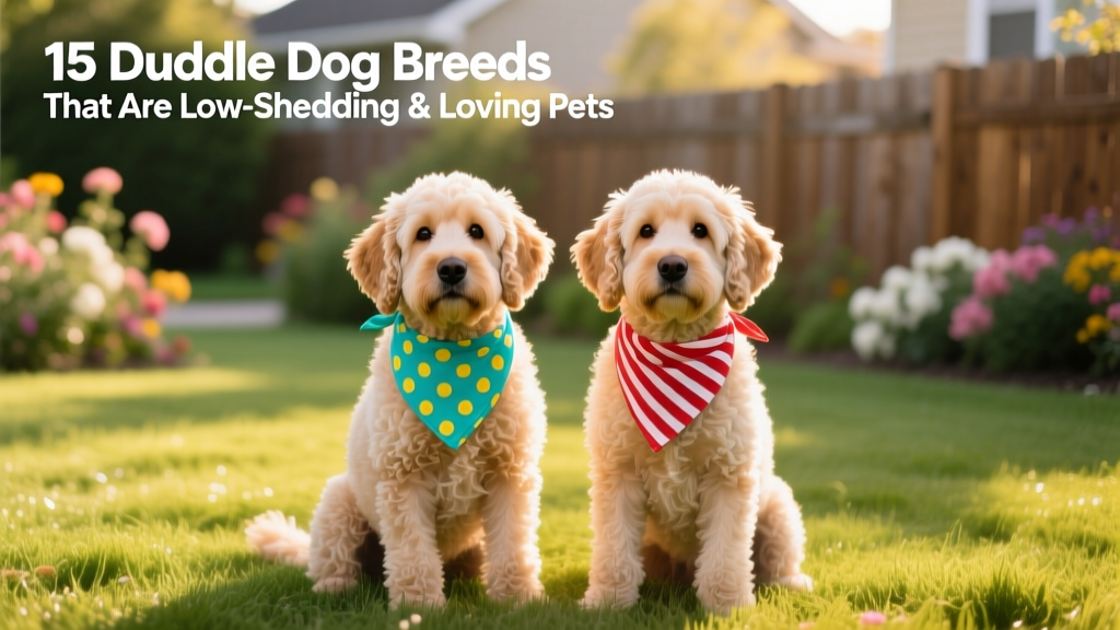 Two FurPetVo Labradoodles wearing colorful bandanas, sitting side by side on a sunlit lawn