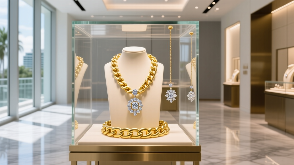 Brightly lit downtown Miami jewelry display case featuring thick 14k yellow gold Cuban link chains and diamond pendants