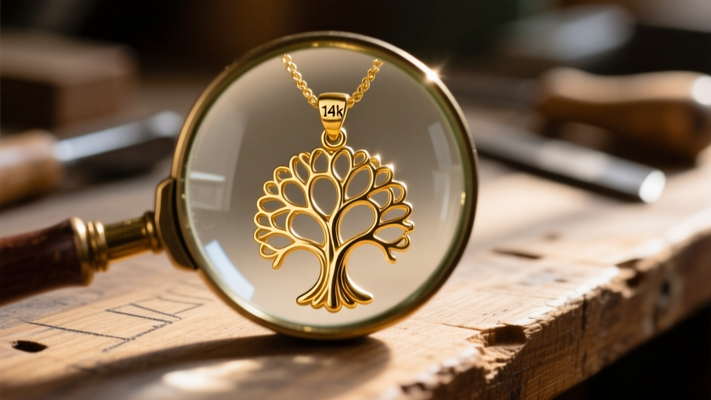 Macro shot of a loupe examining a 14k hallmark on the bail of a gold tree of life pendant against a blurred wooden workshop desk.