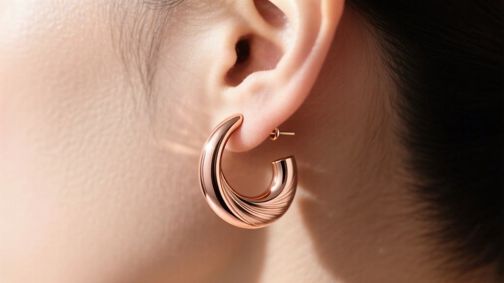 Side profile of a seamless rose gold curved helix earring hugging upper ear cartilage, illuminated by bright natural daylight.