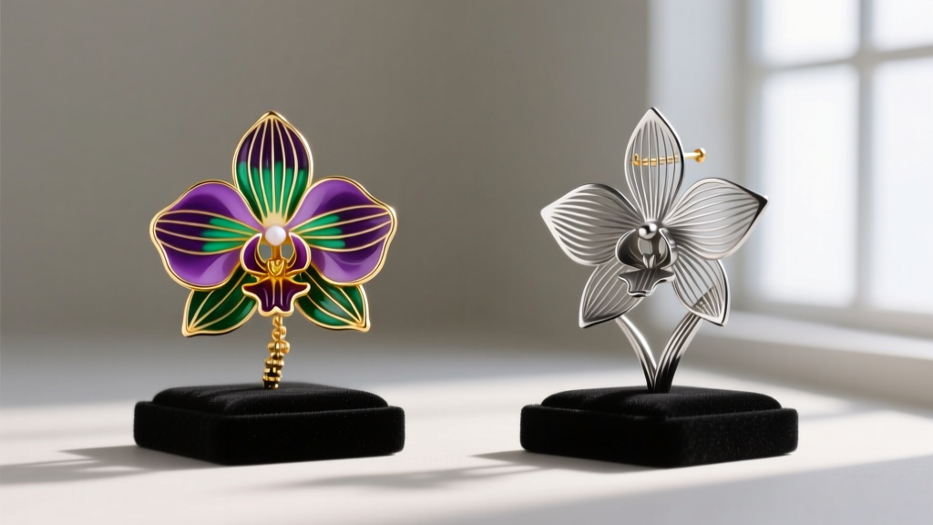 Side-by-side comparison of a cloisonne enamel orchid earring and a 3D printed titanium orchid earring highlighting thin edges