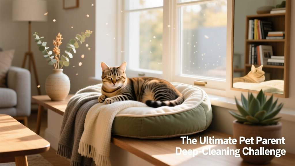A sunlit living room with a cozy pet bed, soft blankets, and a cat napping on a windowsill