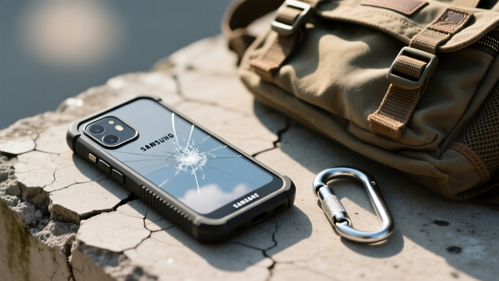 Close-up of a scratched Samsung Galaxy XCover7 rugged smartphone resting on cracked concrete next to a carabiner and school backpack