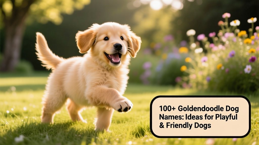A joyful, fluffy Goldendoodle puppy mid-play, tail wagging, on a sunlit grassy lawn