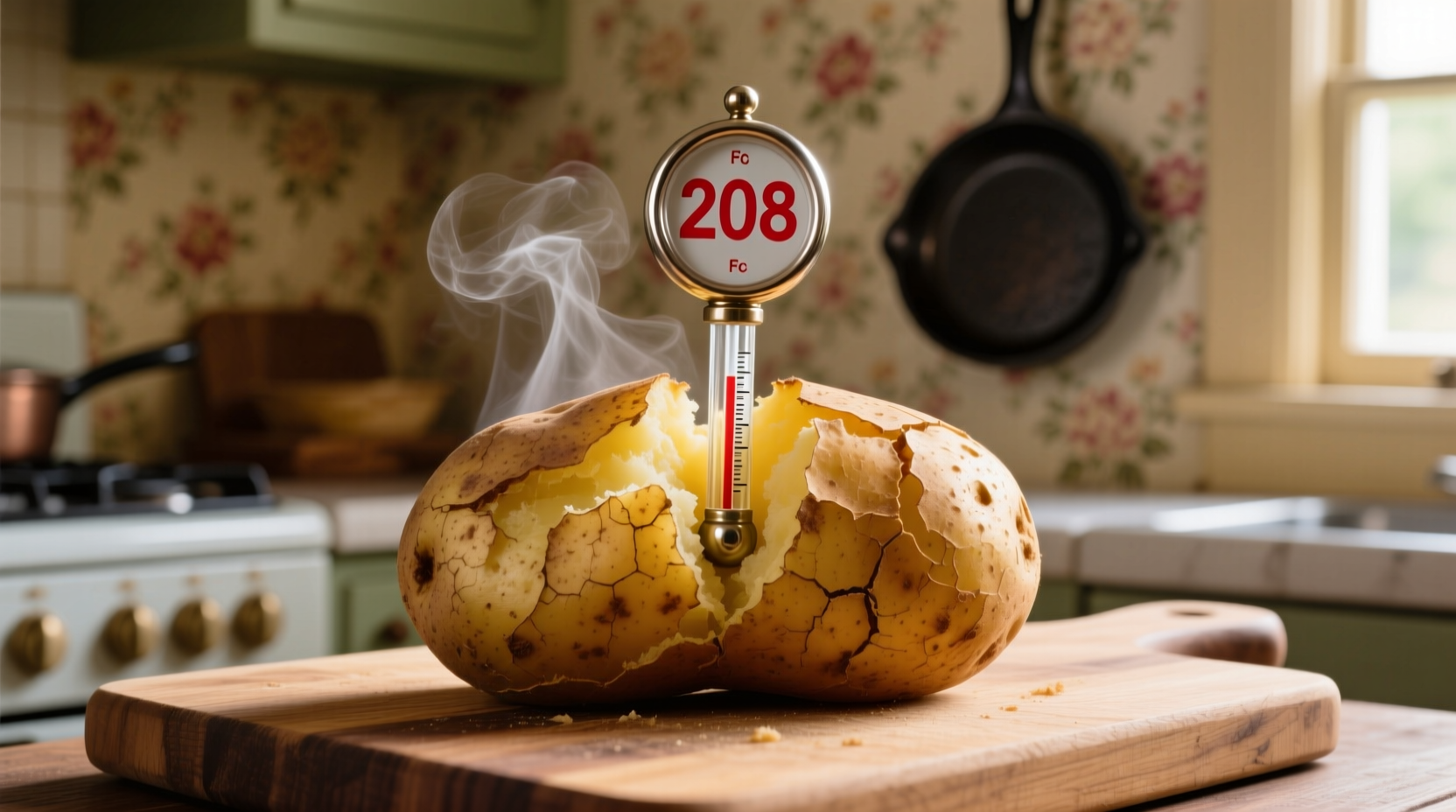 Thermometer showing 208 degrees in fluffy baked potato