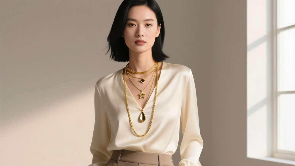 Woman wearing a layered 14k gold trio necklace alongside a delicate 18-inch cable chain, styled elegantly with a cream silk blouse