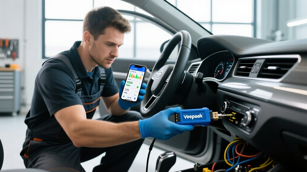 Mechanic plugging a compact blue Veepeak OBD2 Bluetooth scanner into the diagnostic port under a car steering wheel while checking a smartphone