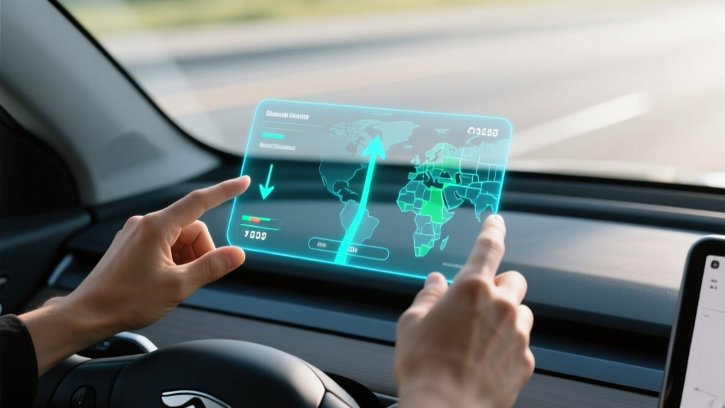 Close-up of a driver adjusting an augmented reality heads-up display projection on the windshield of a modern dark interior vehicle