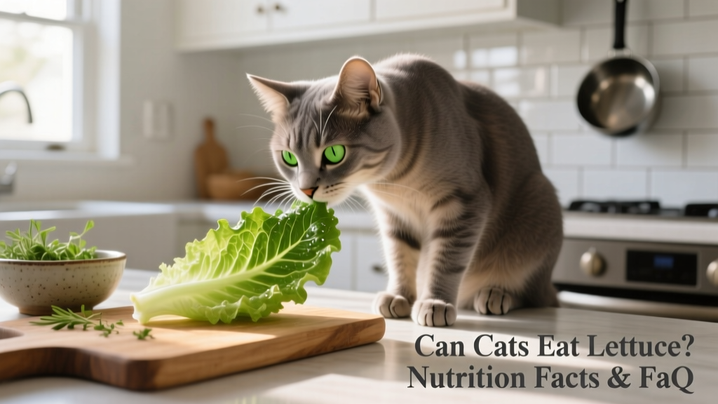 A domestic cat gently sniffing a fresh green leaf of romaine lettuce on a kitchen counter