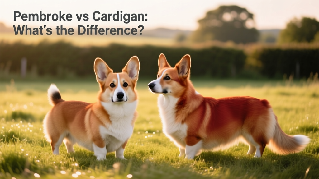 Side-by-side comparison of a Pembroke Welsh Corgi and a Cardigan Welsh Corgi standing on grass