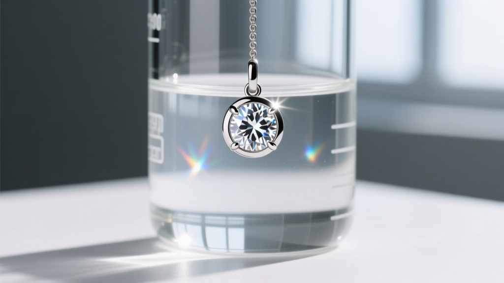 Close-up of a round diamond stud earring in a platinum bezel setting inside a glass beaker filled with clear liquid jewelry cleaner
