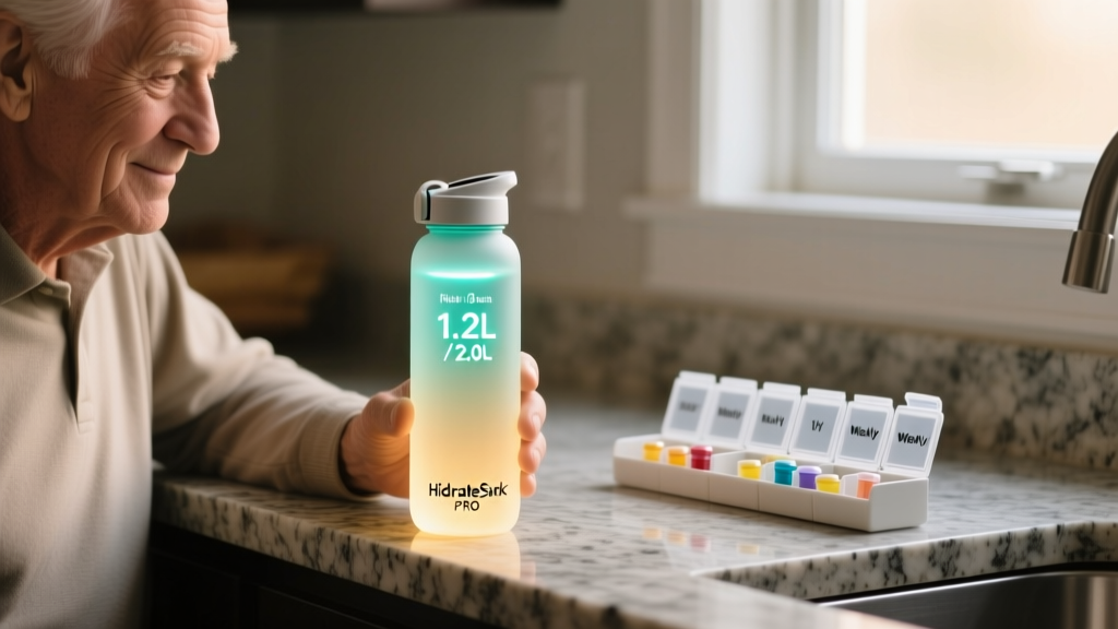 Elderly man holding glowing HidrateSpark PRO smart water bottle displaying hydration goal next to weekly pill organizer on granite counter