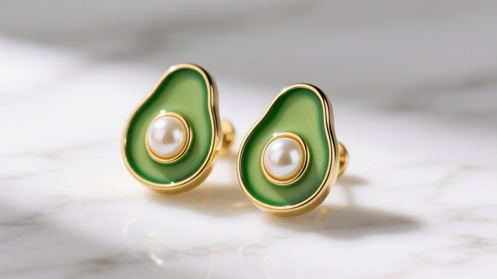 Close-up of gold avocado stud earrings on white marble, showing bright green enamel and a pearl pit under soft warm lighting.