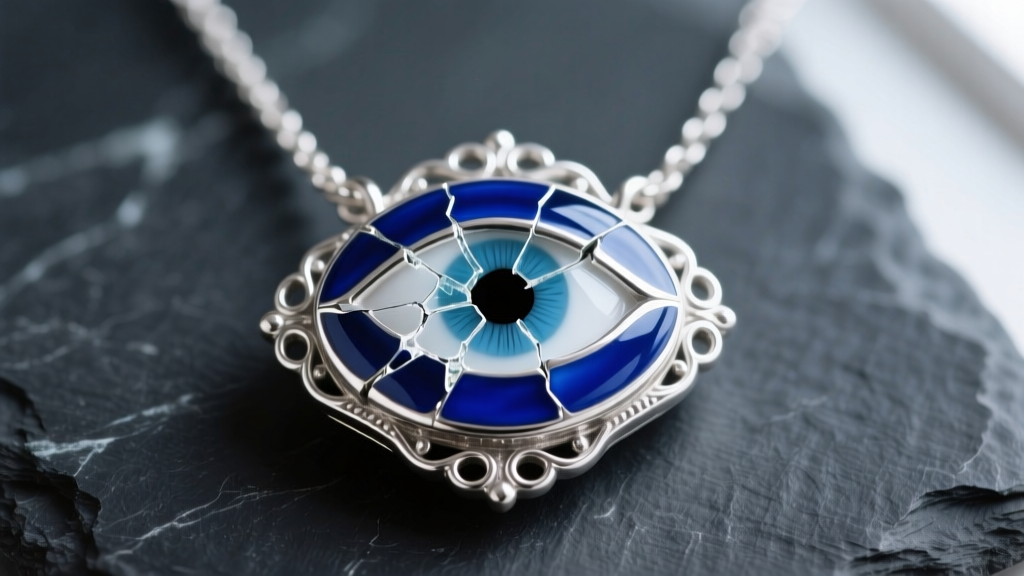 Macro shot of a sterling silver evil eye necklace with vibrant blue vitreous enamel and a cracked glass center on dark slate.